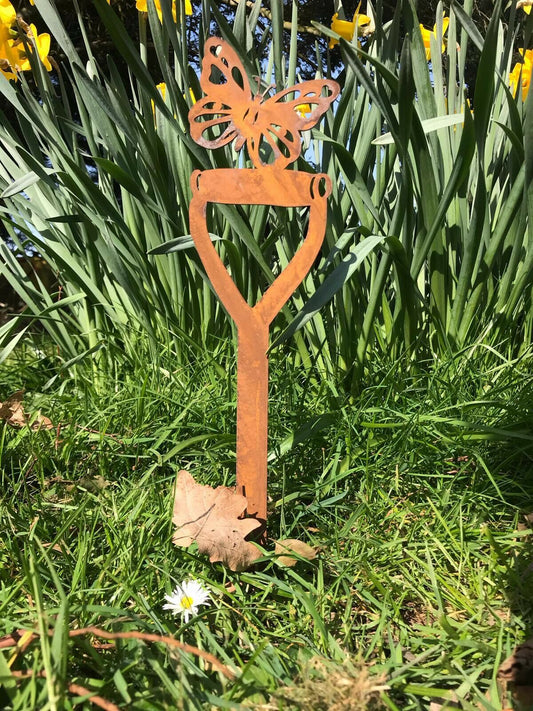 Rusty Metal Butterfly On A Spade Garden Decoration