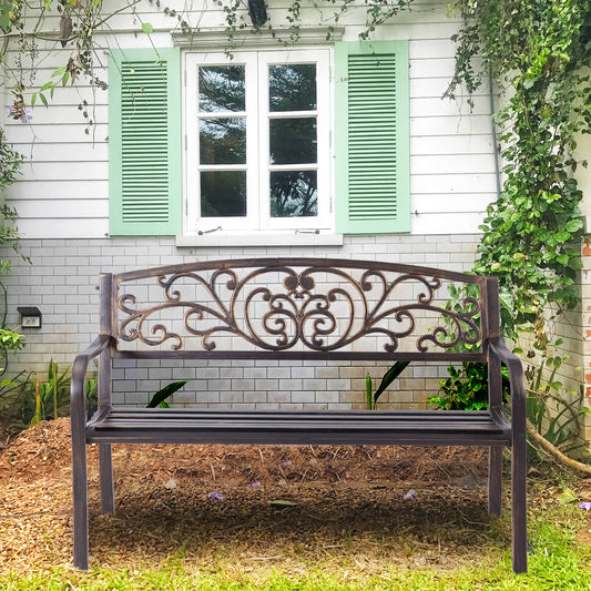 Patio Garden Bench Cast Iron and Steel Porch Loveseat with Armrests-Bronze