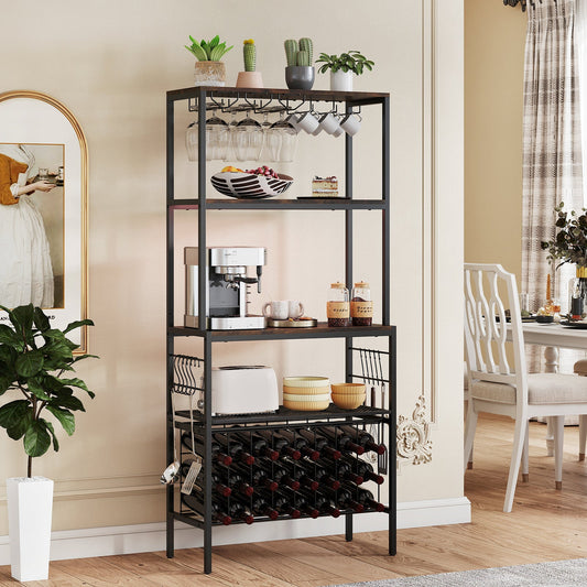 Wine Organizer with Power Outlet Multi-Tier Bakers Rack with Glass-Rustic Brown