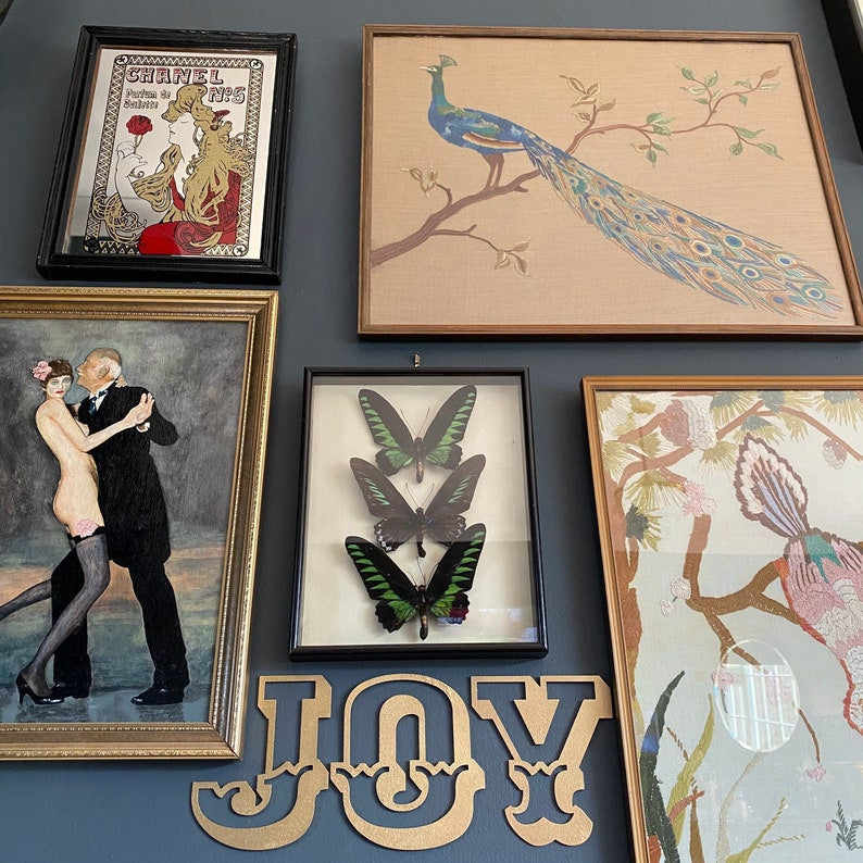 JOY Christmas Mantle Tree Decoration / Distressed Gold 5" Tall Carnival Metal Letters