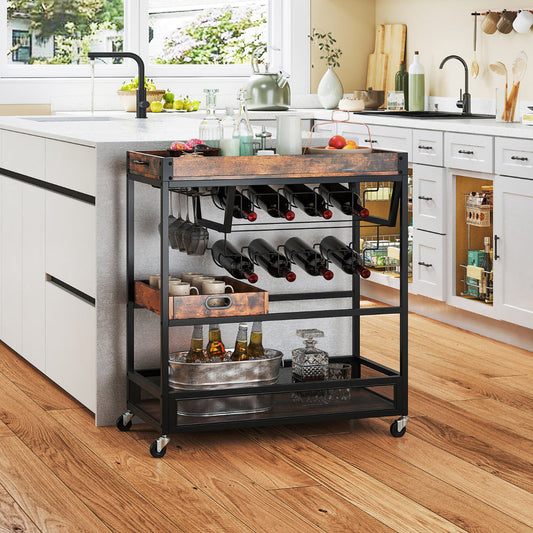 Kitchen Serving Cart with Removable Tray and Wine Rack-Rustic Brown
