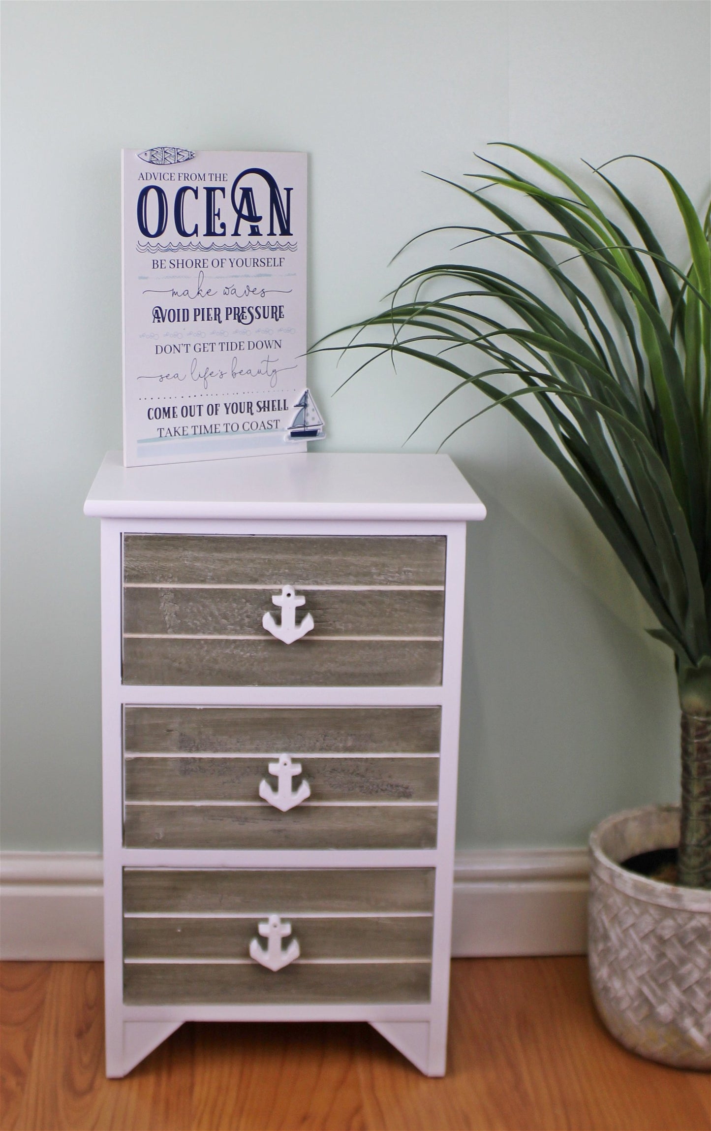 Chest Of 3 Drawers With Nautical Anchor Handles In Grey & White