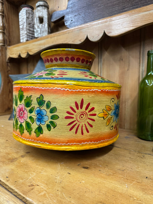 Vintage Painted Indian Water Pot / Decor  Handmade Metal Pot / Metal Vase / Narrow Boat / Gypsy / Rustic