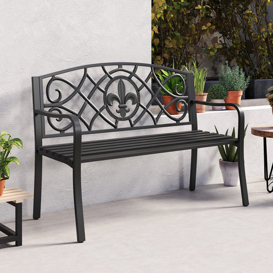 50.5 Inch Outdoor Garden Bench for 2-3 with Cast Iron Floral Backrest-Black