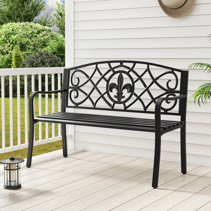 50.5 Inch Outdoor Garden Bench for 2-3 with Cast Iron Floral Backrest-Black