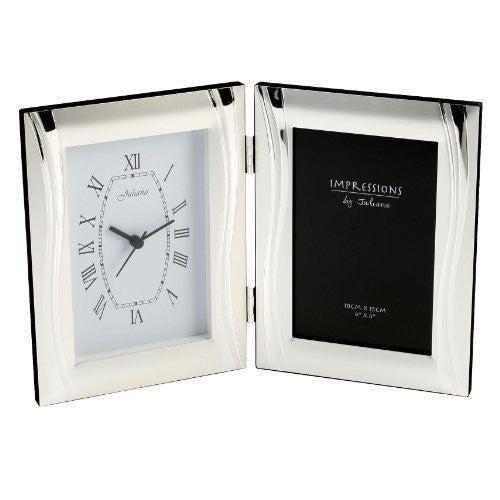 Satin Silverplated Photo Frame & Clock - Shiny Wavy Design
