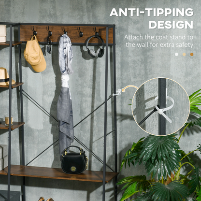 HOMCOM Coat Rack, Coat Stand with Shoe Storage, 5 Hooks for Hallway, Brown