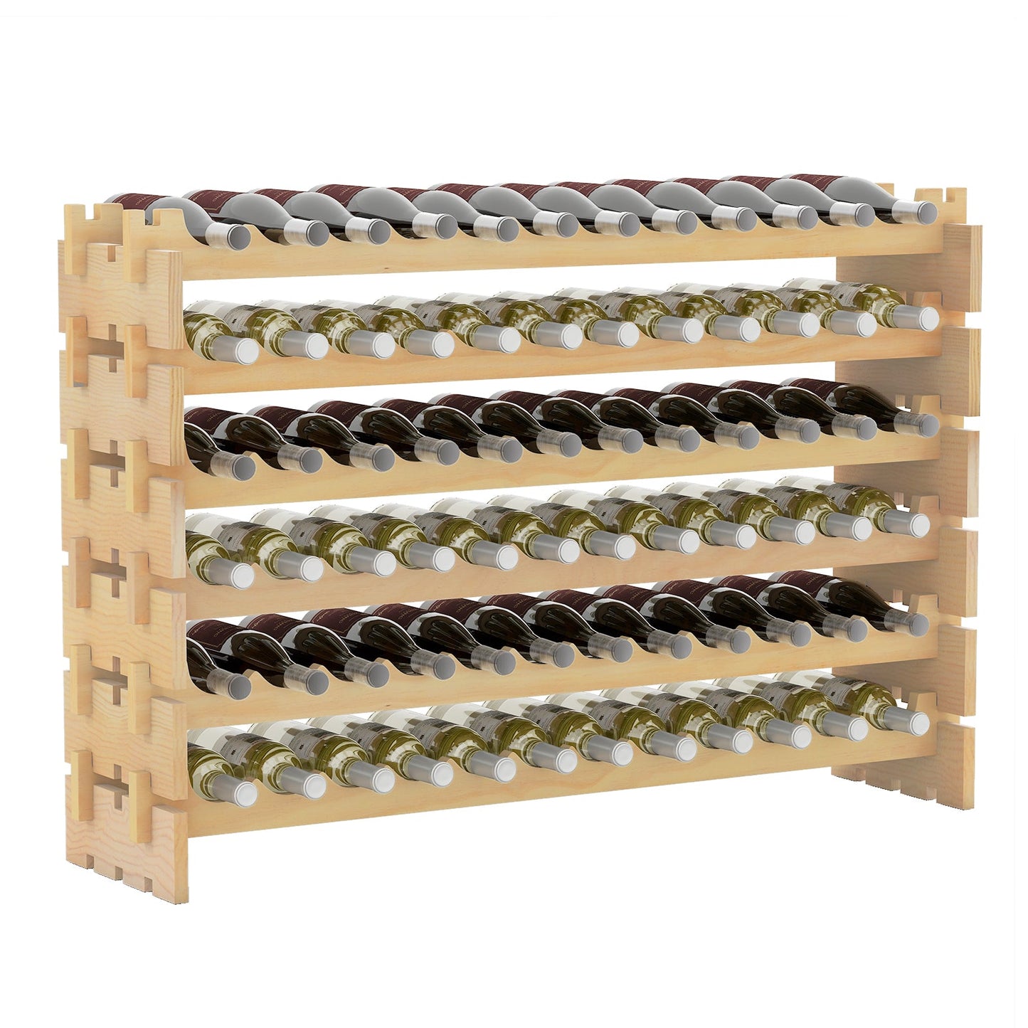 72 Bottles Wine Rack 6-Tier Stackable Wine Storage Stand with Solid Wood Frame-Natural