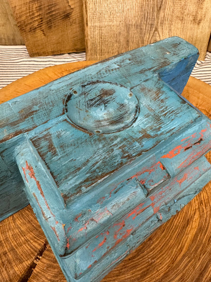 Rustic Church Candle Holder / Indian Pillar Base Holder / Farmhouse Decor Blue