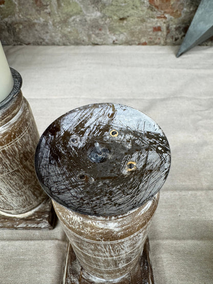 Pair Of Rustic Wooden Candle Holders / Large Church Candle Candlesticks /E