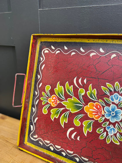 Red Metal Serving Tray / Painted Indian Charcuterie Cheese Antipasto Platter