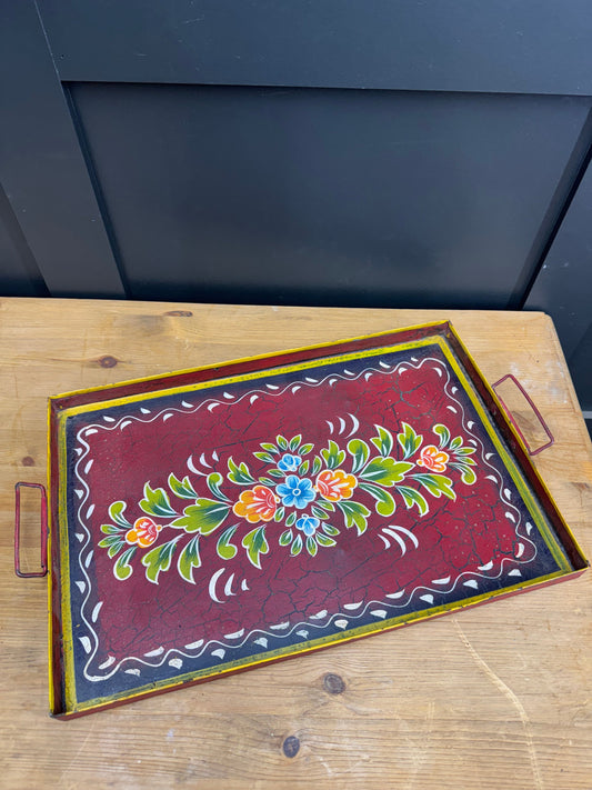 Red Metal Serving Tray / Painted Indian Charcuterie Cheese Antipasto Platter