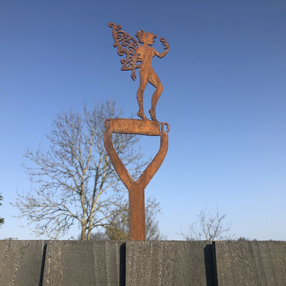 Rusty Metal Fairy On A Spade Garden Decortaion