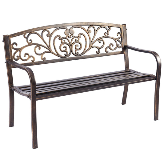 Patio Garden Bench Cast Iron and Steel Porch Loveseat with Armrests-Bronze