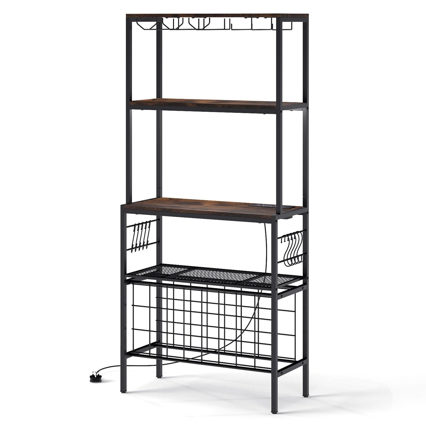 Wine Organizer with Power Outlet Multi-Tier Bakers Rack with Glass-Rustic Brown