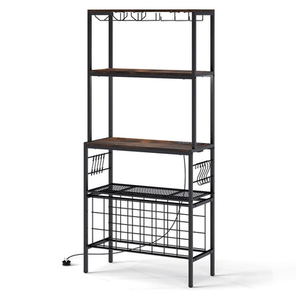 Wine Organizer with Power Outlet Multi-Tier Bakers Rack with Glass-Rustic Brown