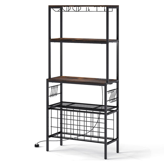 Wine Organizer with Power Outlet Multi-Tier Bakers Rack with Glass-Rustic Brown