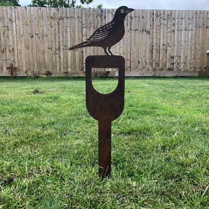 Rusty Metal Blackbird On A Spade Garden Decoration