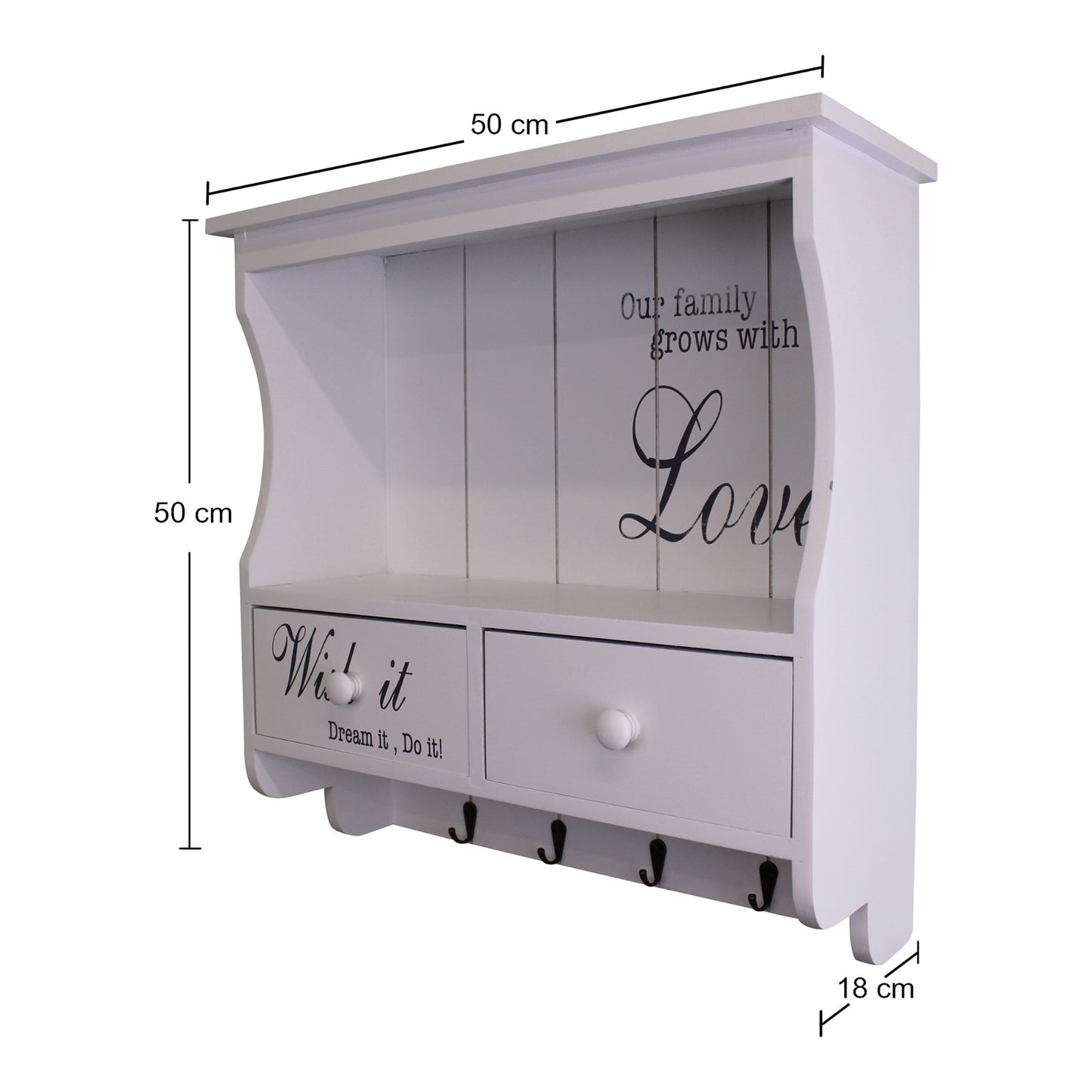 Wall Unit in White with Hooks, Drawers & Shelf