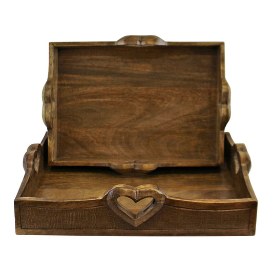 Set Of 2 Mango Wood Heart Detail Serving Trays