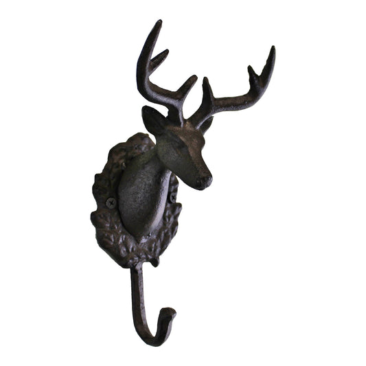Rustic Cast Iron Wall Hooks, Single Stag Bust