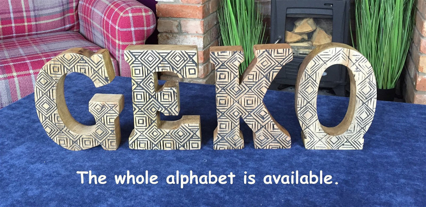 Hand Carved Wooden Geometric Letter J