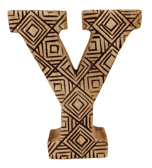 Hand Carved Wooden Geometric Letter Y