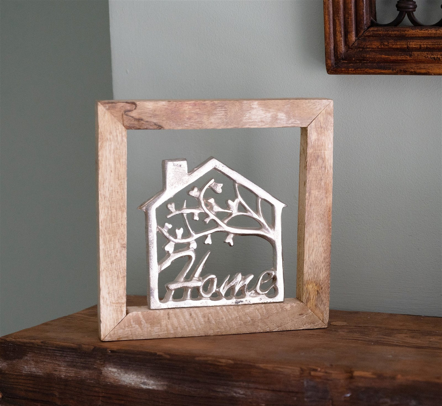Wall Hanging Silver House In Wooden Frame 30cm