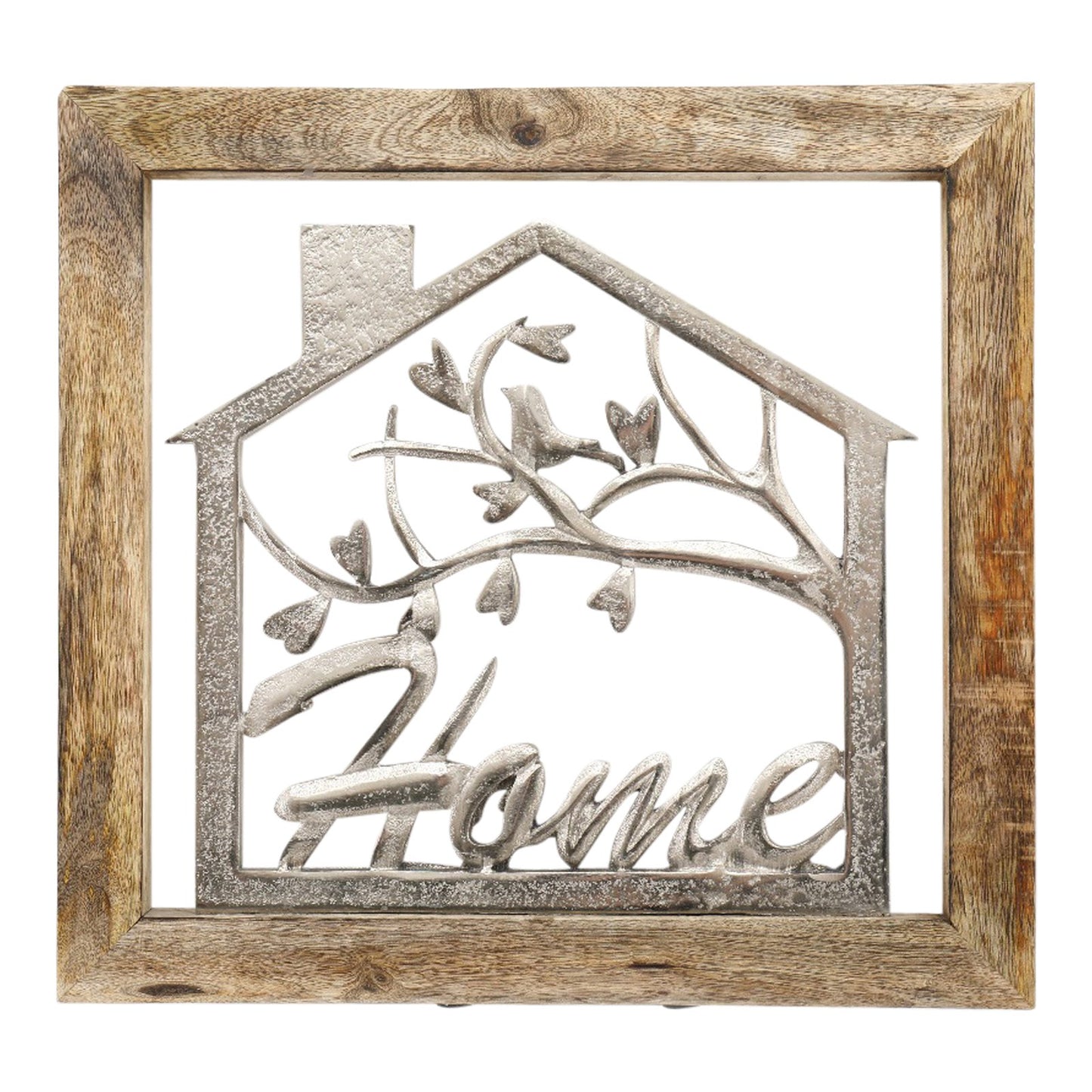 Wall Hanging Silver House In Wooden Frame 20cm