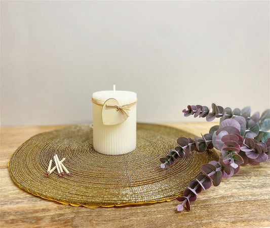 Small Cream Ridged Pillar Candle with Heart Decoration