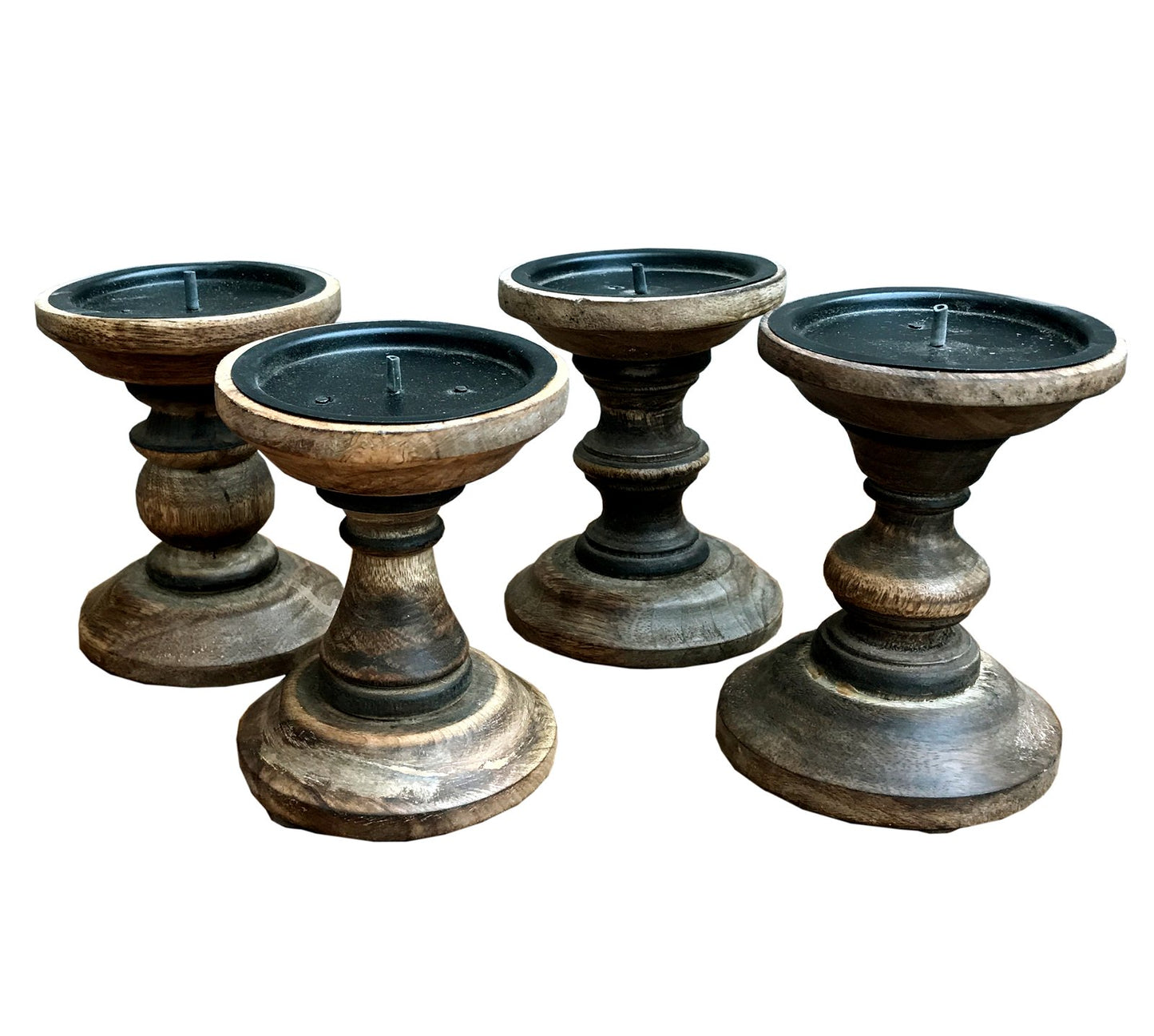 Set of 4 Brown Wooden Candlestick Church Pillar Candle Holders