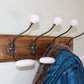 4 Double White Ceramic Coat Hooks On Wooden Base