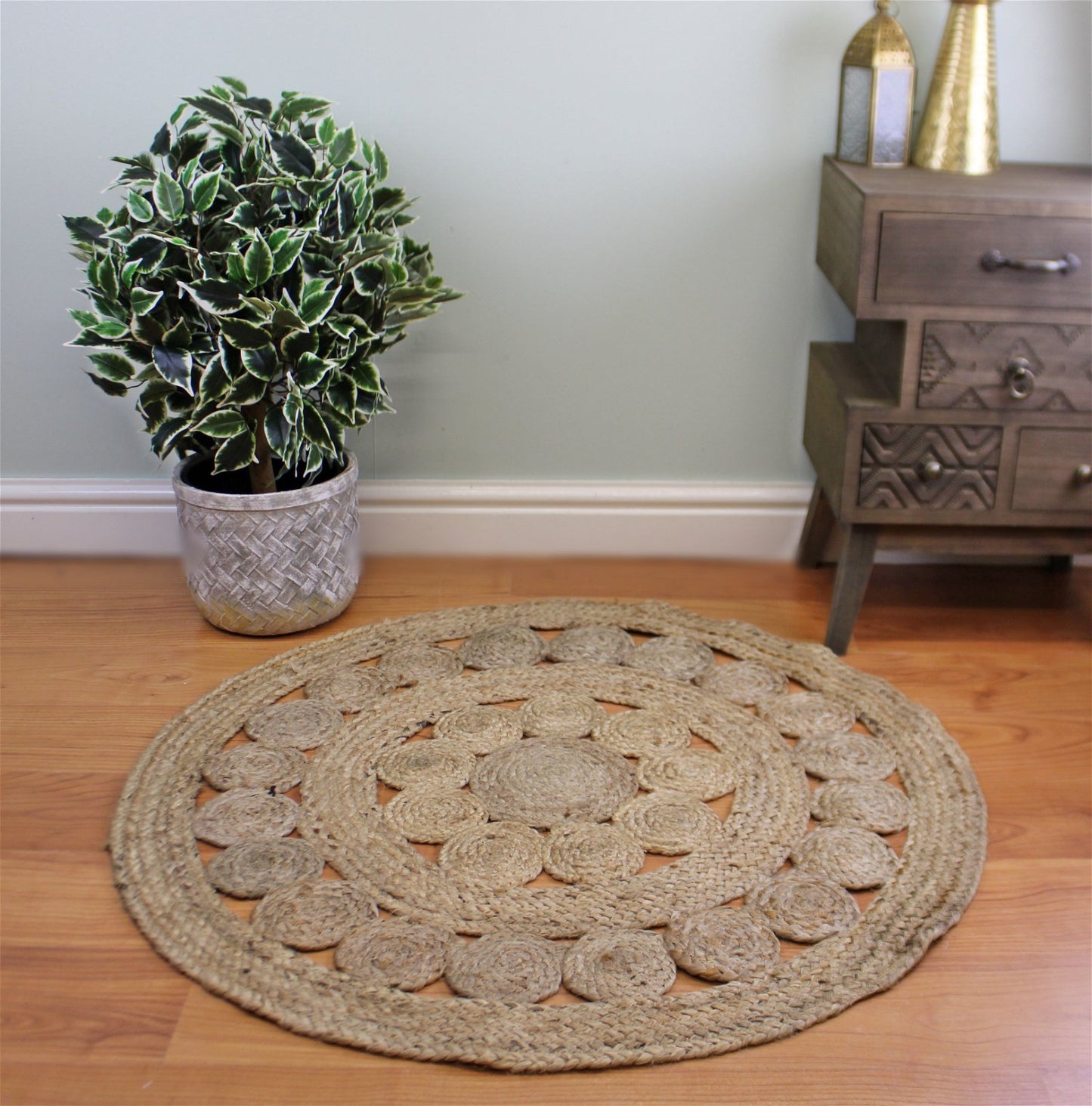 Jute Round Woven Rug, Kasbah Design, 90cm