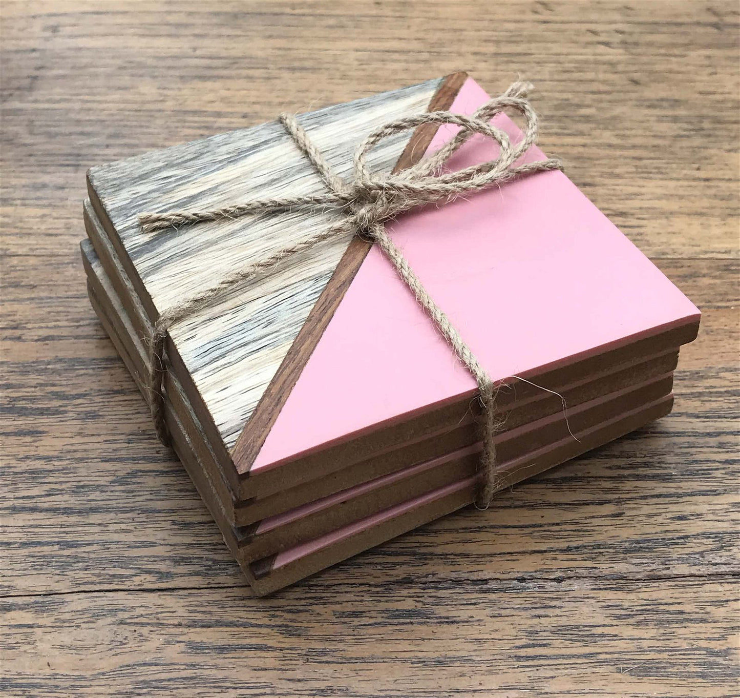 Set Of 4 Square Two Toned Wooden Coasters - Pink