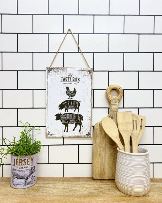 The Tasty Bits Wooden Hanging Plaque in White