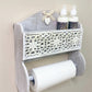 Grey Wooden Kitchen Towel Holder With Cutout Pattern Shelf