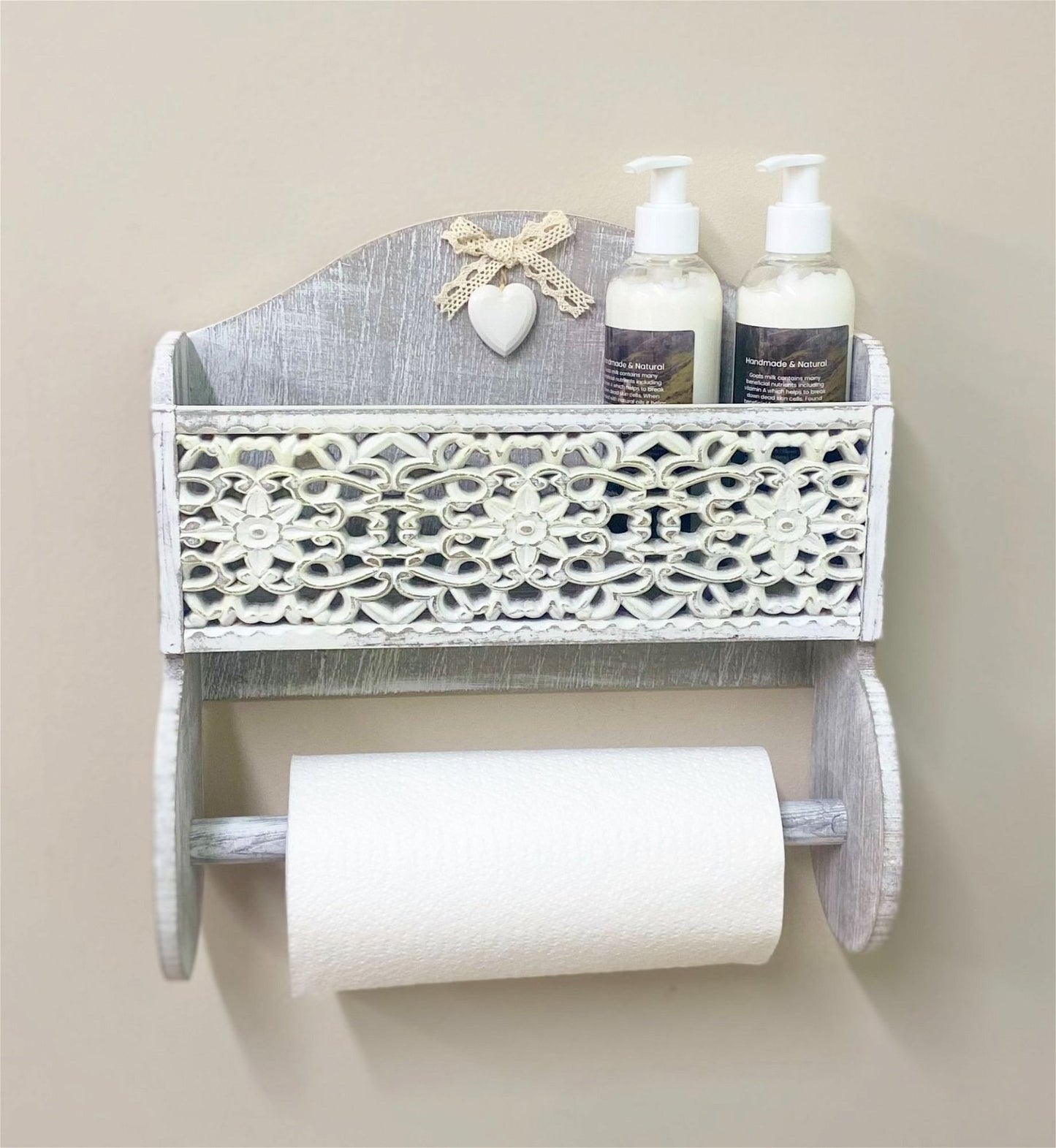 Grey Wooden Kitchen Towel Holder With Cutout Pattern Shelf