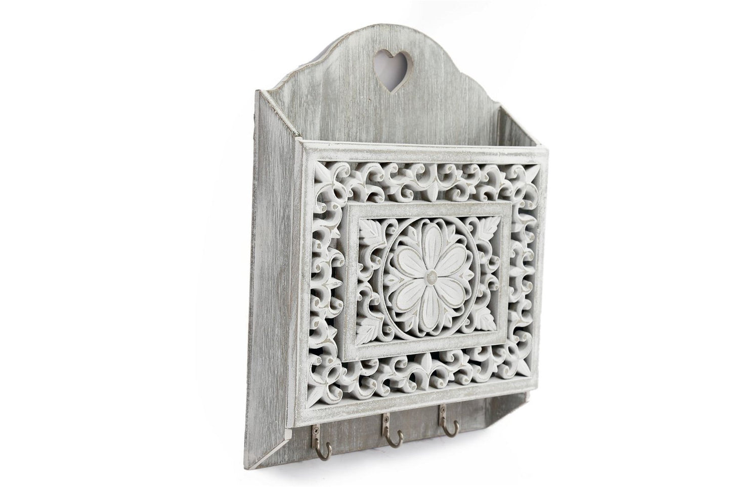Grey Wooden 3 Hook Key Holder With Cutout Pattern Shelf