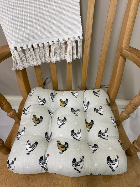 Padded Seat Pad With Ties With A Chicken Print Design