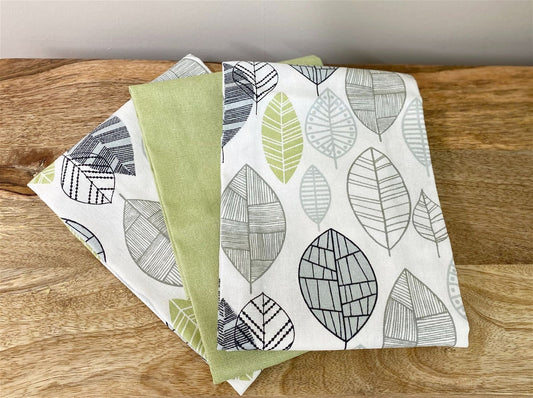 Pack of 3 Kitchen Tea Towels With Contemporary Green Leaf Print Design