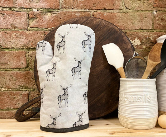 Grey Oven Glove With A Stag Print Design