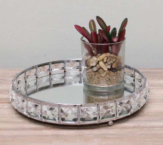 Small Mirrored Silver Tray With Bead Design, 21cm.