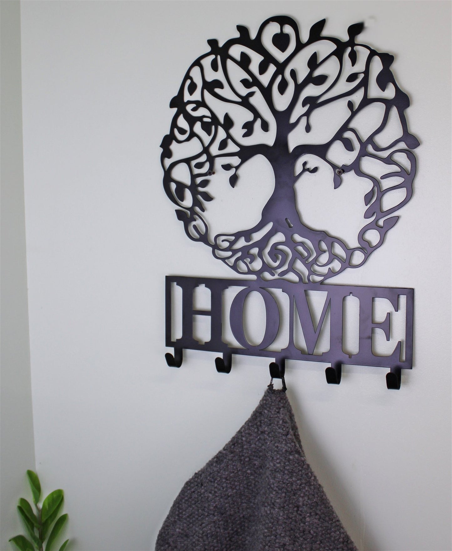 Black Metal Wall Plaque Tree of Life Featuring Hooks