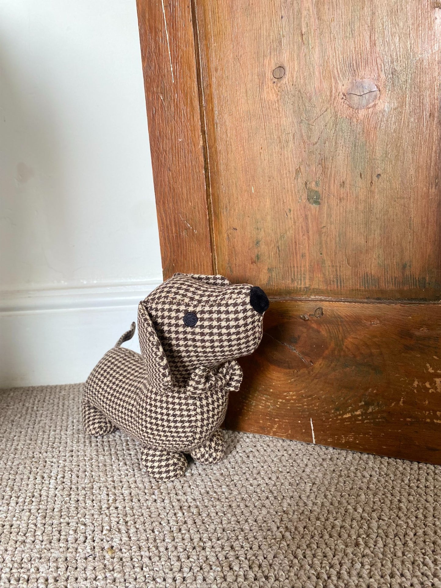 Brown Herringbone Fabric Sausage Dog Doorstop