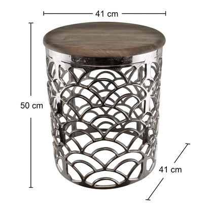 Decorative Silver Metal Side Table With A Wooden Top
