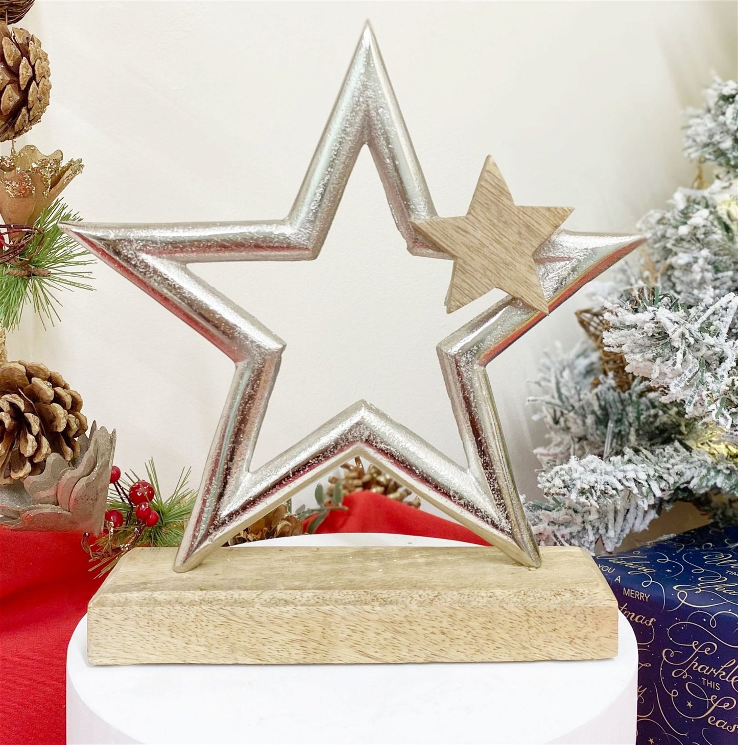Silver Star On Wooden Base Decoration