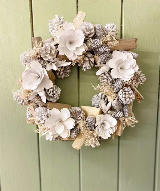 White Flowers & Pinecone Frosted Wreath