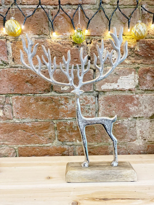 Silver Metal Deer On Wood Base