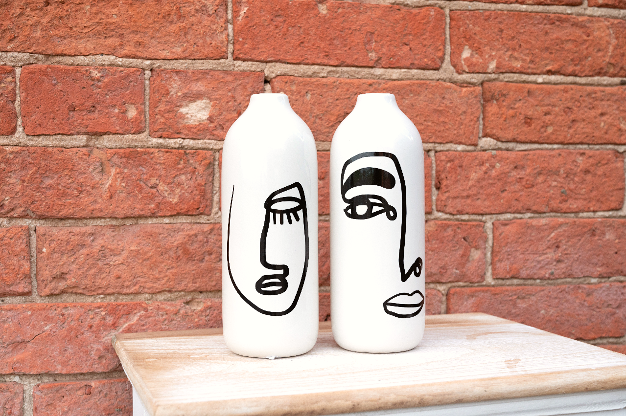 Set of 2 Monochrome Face Ceramic Vases